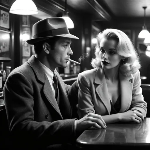 Prompt: generate a realistic photograph in black and white (like film noir) of a man in a fedora hat and overcoat smoking a cigarette in a 1940's style bar.  He is staring and a g,amorous blonde woman sitting at the end of the bar.