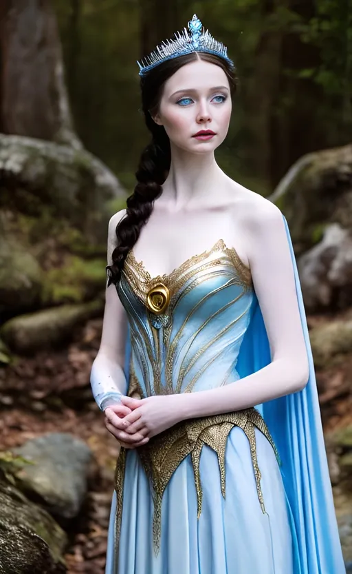 Prompt: Elizabeth Olson as Melian the Maia, a tall, graceful lady with black hair, glowing pale skin, and eyes bluer than the seashore. She is wearing a simple silver tiara and a baby blue silk evening gown with gold accents. 