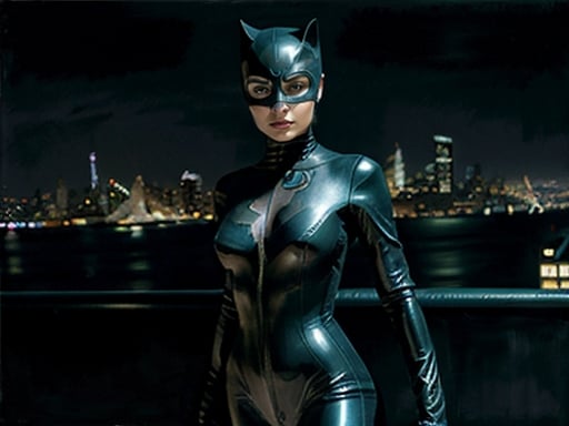 Prompt: Penélope Cruz as Catwoman, beautiful photograph, fierce expression, sleek black catsuit, Gotham city skyline in the background, high-quality, realistic, dramatic lighting, intense eyes, confident stance, detailed portrait, oil painting, Gotham city, realistic, intense, sleek catsuit, fierce expression, dramatic lighting
