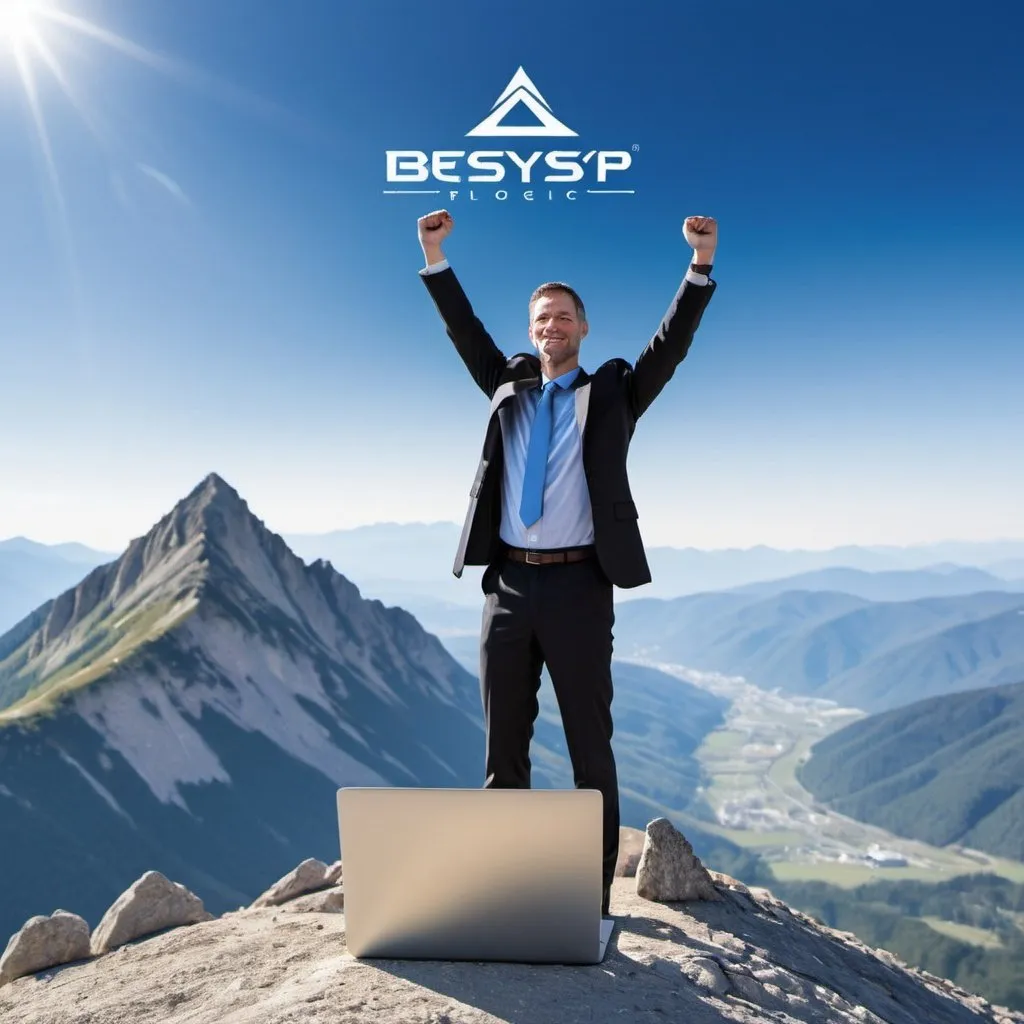 Prompt: [Image of a businessman standing on top of a mountain, arms raised in triumph, with a laptop and smartphone displaying the BESYS Technologies Plc logo. The background features a breathtaking mountain landscape with clear blue skies, symbolizing success, achievement, and reaching new heights.]

