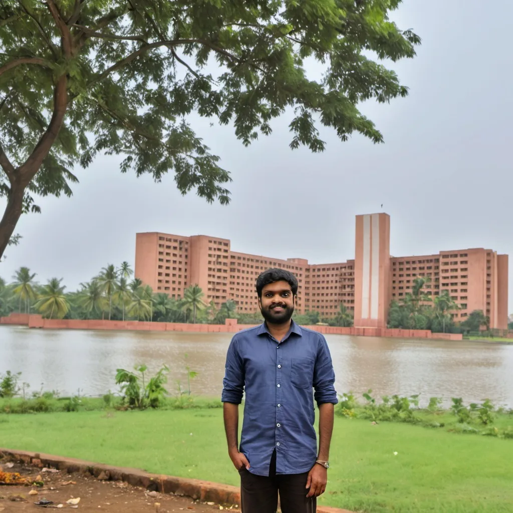 Prompt: a man standing in front of a body of water with a building in the background and a tree in the foreground, Bholekar Srihari, hurufiyya, jayison devadas, a picture