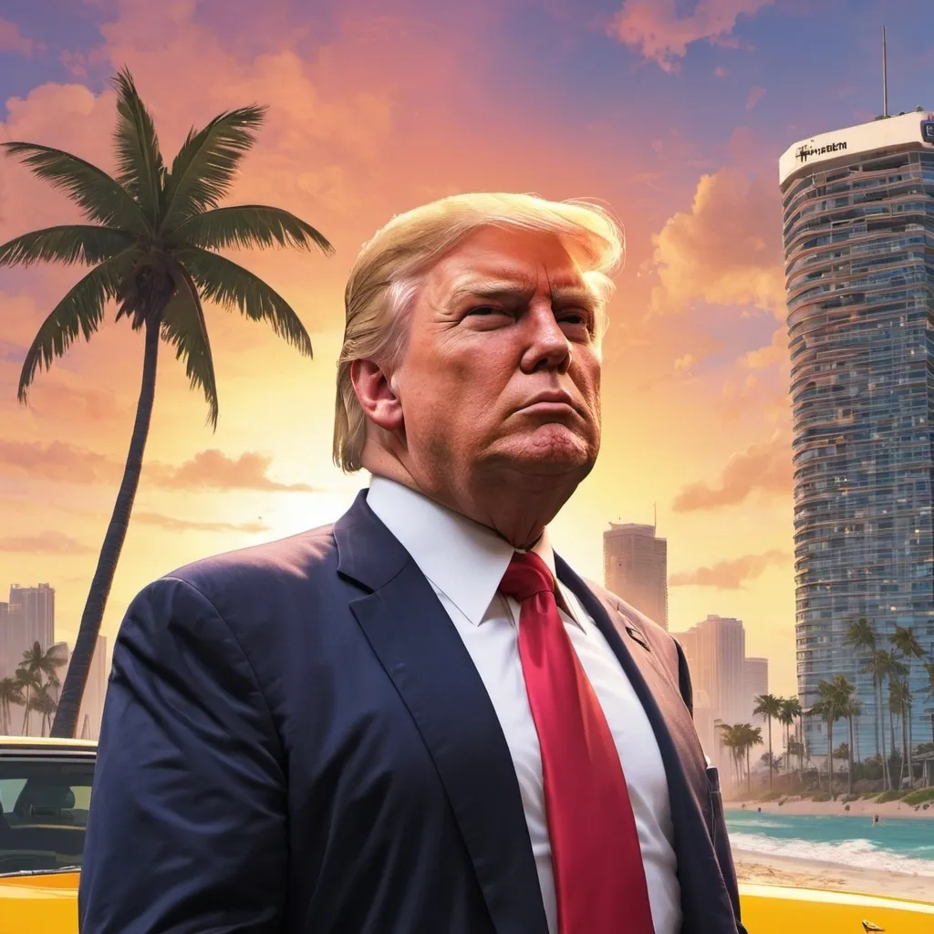 Prompt: GTA V cover art trump in Miami 