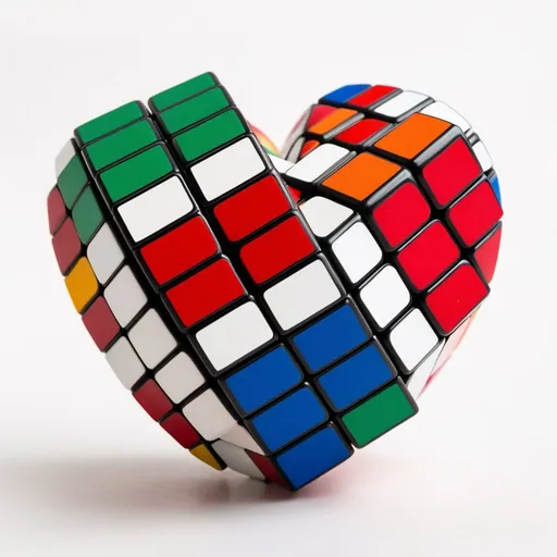 Prompt: A heart shaped Rubik's cube, breaking down slowly & white background. 