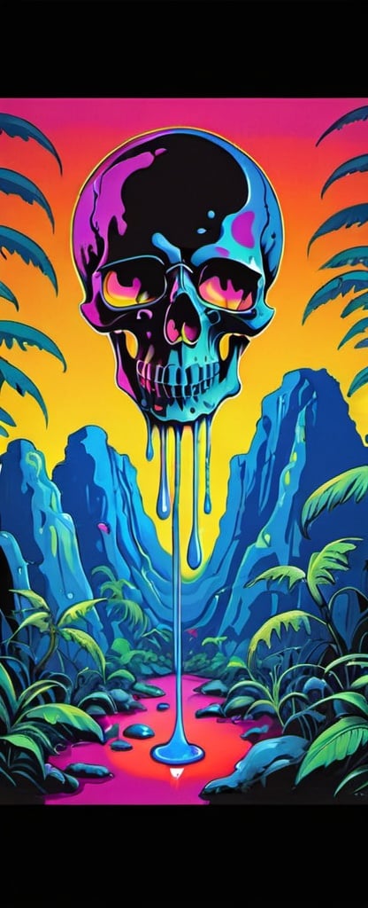 Prompt: psychedelic print skull, jungle, melting, concert poster, trick of the eye painting