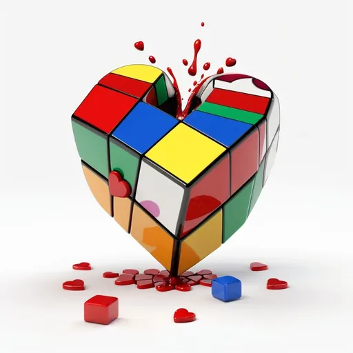 Prompt: voxel 3d render, heart shaped Rubik's cube, breaking into peaces and bleeding from inside, on a white background, highly hd