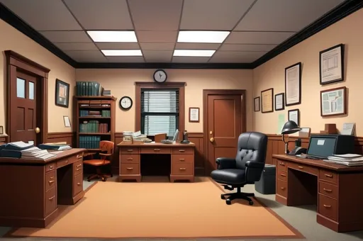 Prompt:  a two dimensional cartoon style drawing of he interior of a detective's office full color with black outlines