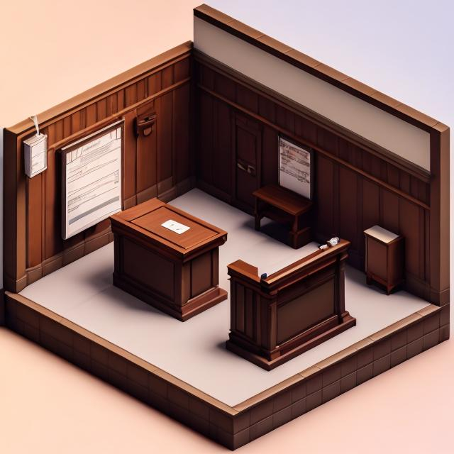 Prompt: Tiny cute isometric courtroom, soft smooth lighting, soft colors, soft colors, 100mm lens, 3d blender render, trending on polycount, modular constructivism, brown blackground, physically based rendering, centered