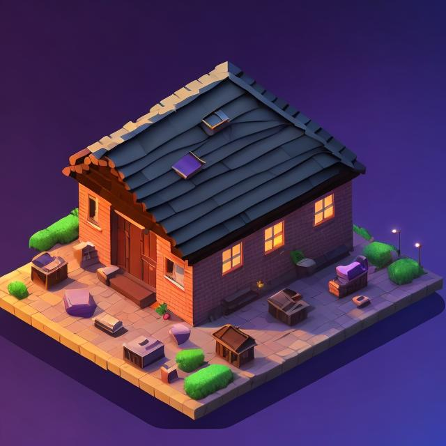 Prompt: A big brick house on the left side, a small wooden house on the right side, dark background with purple sunset, isometric, 120-angle view