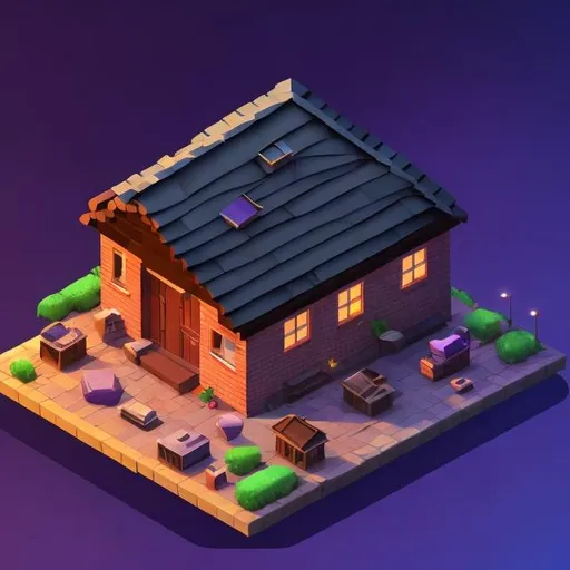 Prompt: A big brick house on the left side, a small wooden house on the right side, dark background with purple sunset, isometric, 120-angle view