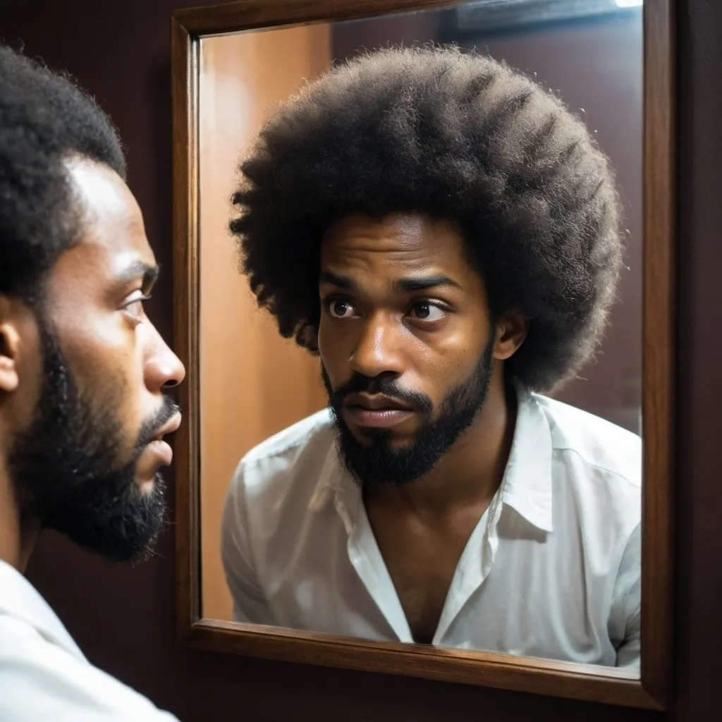 Prompt: black man with beard and afro, he is looking into a mirror and in the reflection you see reflection demons