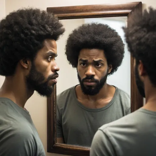 Prompt: black man with beard and afro, he is looking into a mirror and in the reflection there is multiple demons