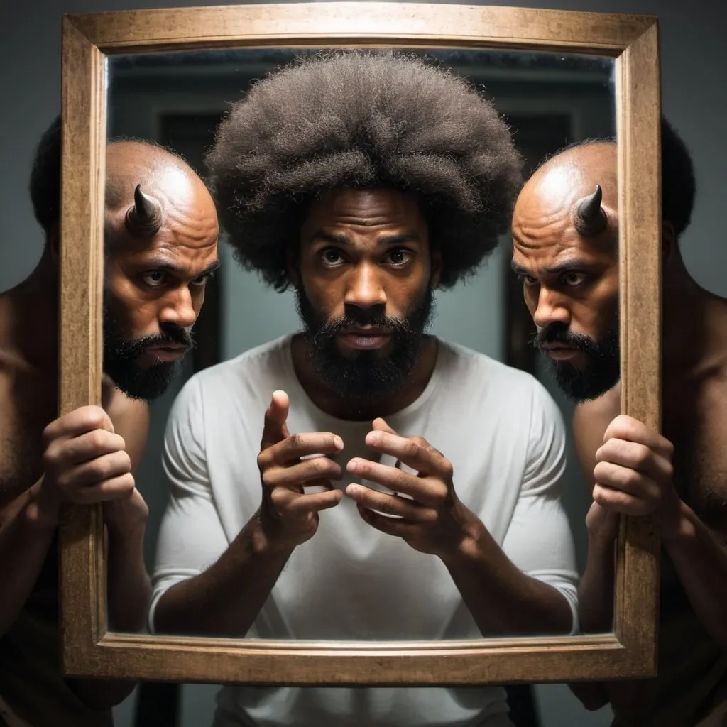 Prompt: black man with beard and afro, he is looking into a mirror and in the reflection there is three demons