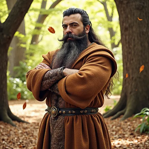 Prompt: @k9F8IEp0yrvF0B2PUjzY A full-body portrait of a male character with a long, flowing beard that cascades down to his feet. The character stands confidently with arms crossed, showcasing a robust physique. He wears a richly detailed robe adorned with intricate patterns, which billows slightly in a gentle breeze. The scene is set in a serene, sunlit forest, with dappled light filtering through the leaves, casting soft shadows on the ground. A few leaves swirl around him, adding a sense of movement. The camera captures him from a slightly low angle, emphasizing his imposing presence against the backdrop of towering trees.