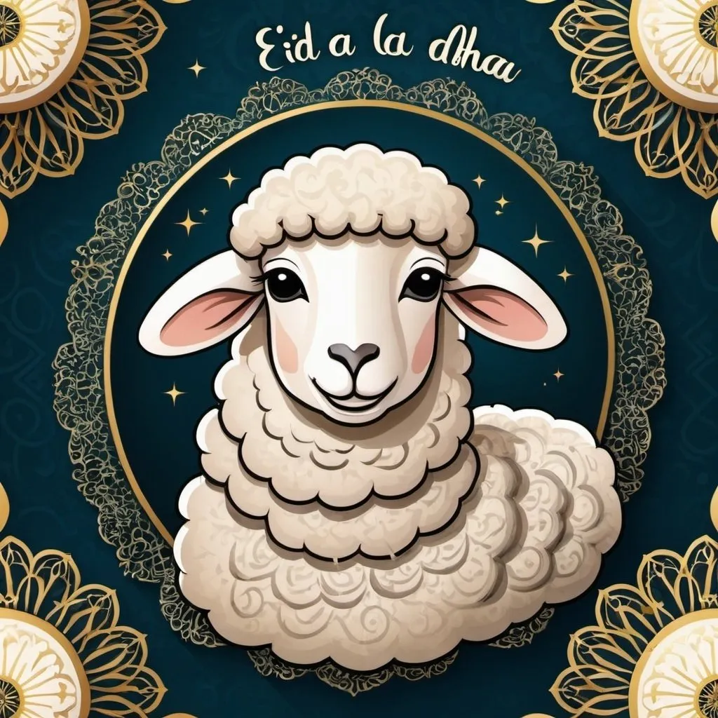 Prompt: Eid Al-Adha congratulations using a fancy sheep 