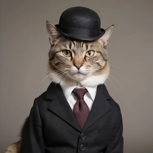 Prompt: Cat wearing a suit and tie and bowler hat