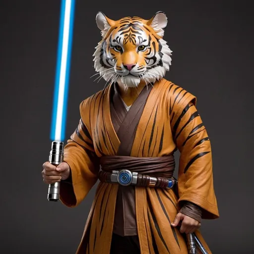 Prompt: Tiger with Jedi clothes and holding two lightsabers

