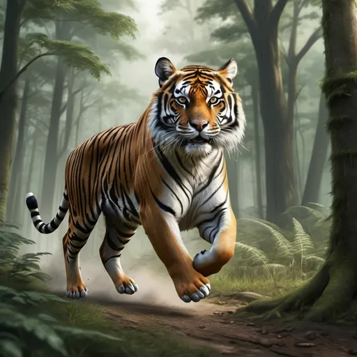Prompt: Generate a realistic picture of a tiger running towards a deer.  The surrounding s should be dense forest.