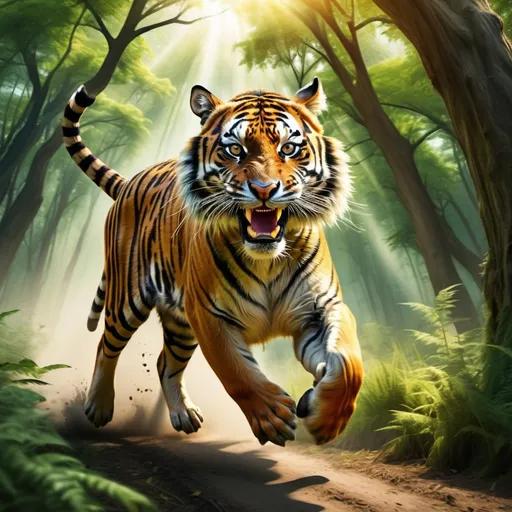 Prompt: (realistic picture of a tiger running towards a deer), (vivid colors), intense motion, dynamic scene, (dense forest) background with lush greenery, dramatic sunlight filtering through tree branches, capturing the thrill of the chase, tension in the air, ultra-detailed, high definition, showcasing the raw beauty of nature in action.