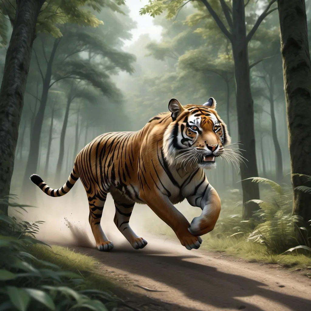 Prompt: Generate a realistic picture of a tiger running towards a deer.  The surrounding s should be dense forest.