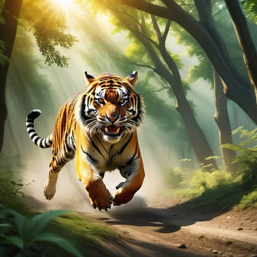 Prompt: (realistic picture of a tiger running towards a deer), (vivid colors), intense motion, dynamic scene, (dense forest) background with lush greenery, dramatic sunlight filtering through tree branches, capturing the thrill of the chase, tension in the air, ultra-detailed, high definition, showcasing the raw beauty of nature in action.