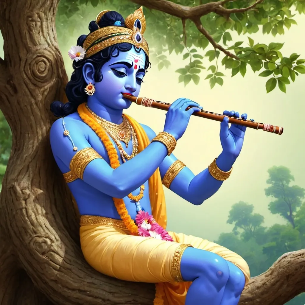 Prompt: Generate an image of Lord krishna playing flute in a tree. 