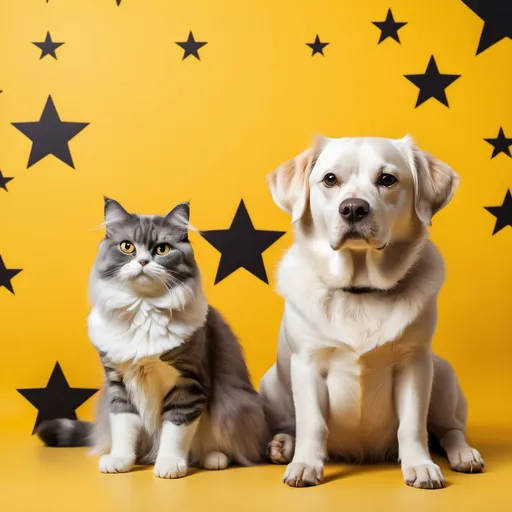 Prompt: a cat and dog on a backdrop of yellow with black stars


