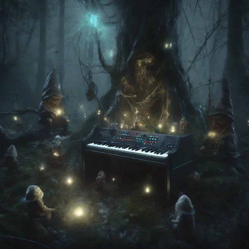 Prompt: Translucent spirit playing synthesizers and drum computers, dark spooky forest, gnomes, goblins, faes, fireflies, eerie atmosphere, highres, detailed, dark fantasy, translucent figure, musical forest, spirit instruments, mystical creatures, atmospheric lighting, misty, ethereal, haunting ambiance