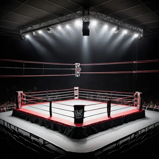 Prompt: wrestling ring with 4 corners, under spotlights, located inside a large arena. the wrestling ring has a folded metal folding chair in the middle of the ring.