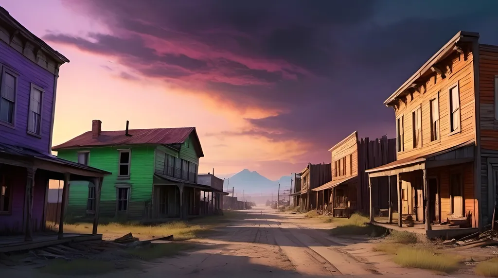 Prompt: Wild West town filled with zombies, buildings stretching to a single point on the horizon, (bright green zombies), dramatic sunset sky, crumbling wooden structures, dirt roads, eerie and ominous atmosphere, desolate and haunting, long shadows, warm orange and purple tones blending with twilight blues, ultra-detailed, 4K resolution, dynamic composition, high depth cinematography, wide-angle view, hyper-realistic.