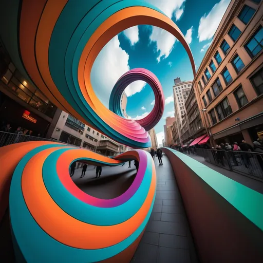 Prompt: The story begins in a seemingly normal city that slowly starts to warp and change. Buildings twist impossibly, streets fold into Möbius strips, and pedestrians phase through solid objects. The sky above is a swirling canvas of vibrant colors that constantly shift and blend, reminiscent of the surreal visuals in films like "Everything, Everywhere, All at Once"