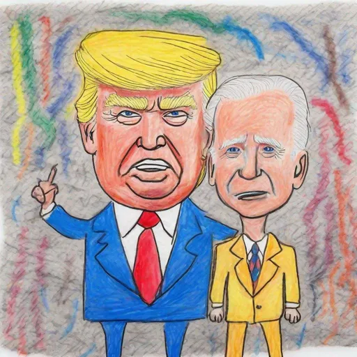 Prompt: Ugly colorful childish Crayon flat drawing of donald trump and joe biden, drawn by a toddler