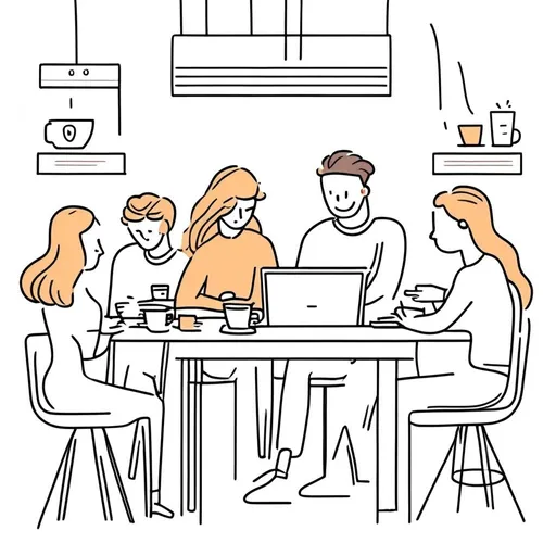 Prompt: A group of men and women at a table with laptops and coffee cups, thin line art, flat color illustration, high quality, white backdrop,comic,lighthearted 