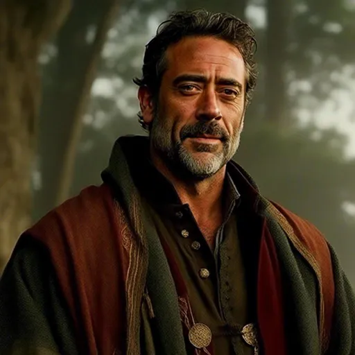 Prompt: <mymodel>A cinematic depiction of actor Jeffrey Dean Morgan in medieval noble clothing, handsome, charming, smiling, detailed facial features, realistic textures, high quality, photorealism, medieval setting, professional lighting, intricate details, beautiful art