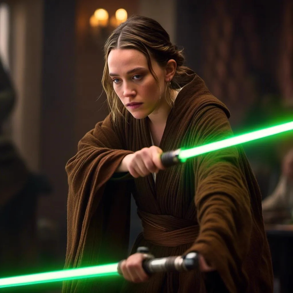 Prompt: <mymodel>Victoria Pedretti as Rey with a straight green lightsaber and brown robes, fighting Darth Revan, realistic digital art, intense expression, high-res, realistic, star wars, detailed features, earthy tones, dramatic lighting