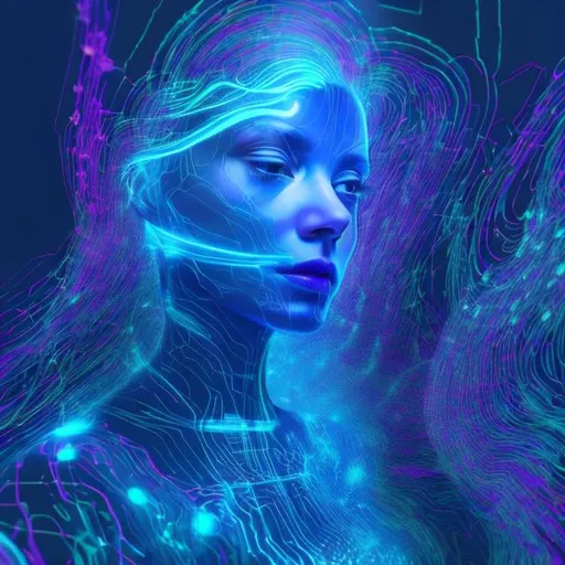 Prompt: AI resp:

"Generate an artwork depicting a holographic projection of a woman emerging from a computer interface. The woman should appear as a futuristic, ethereal figure composed of intricate splines, mesh structures, and digital inputs" <data-linkify-topic="SCI">digital inputs resembling circuitry. Her entire form, including her lines and contours, should be rendered in a mesmerizing electric blue hue, evoking a sense of technological energy and sophistication. Additionally, her hair should be portrayed as if it is gracefully floating around her, creating the illusion of movement as though she is submerged in an otherworldly, aquatic environment. The artwork should capture the convergence of digital and organic elements, portraying a seamless blend of technology and fluidity.

