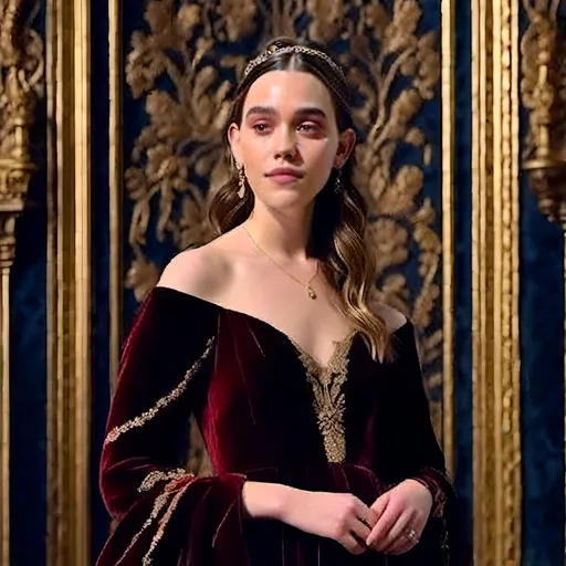 Prompt: <mymodel>Cinematic portrait of Victoria Pedretti in a 1400s gown, detailed facial features, intricate lacework, luxurious velvet fabric, golden embroidery, dramatic lighting, Middle Ages, opulent, detailed gown, high-quality, rich color palette, elaborate background, medieval style, cinematic lighting