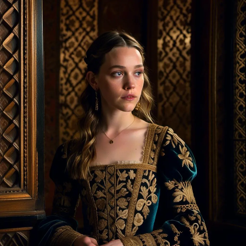 Prompt: <mymodel>Cinematic portrait of Victoria Pedretti in a 1400s gown, detailed facial features, intricate lacework, luxurious velvet fabric, golden embroidery, dramatic lighting, Middle Ages, opulent, detailed gown, high-quality, rich color palette, elaborate background, medieval style, cinematic lighting