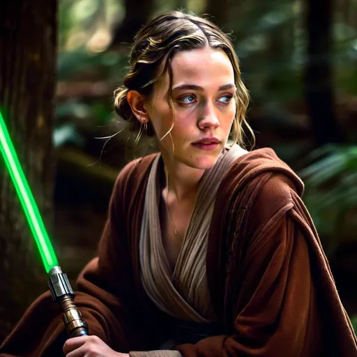 Prompt: <mymodel>Victoria Pedretti as Rey with a straight green lightsaber and brown robes, training with a young Jeffrey Dean Morgan, realistic digital art, intense expression, high-res, realistic, star wars, detailed features, earthy tones, dramatic lighting