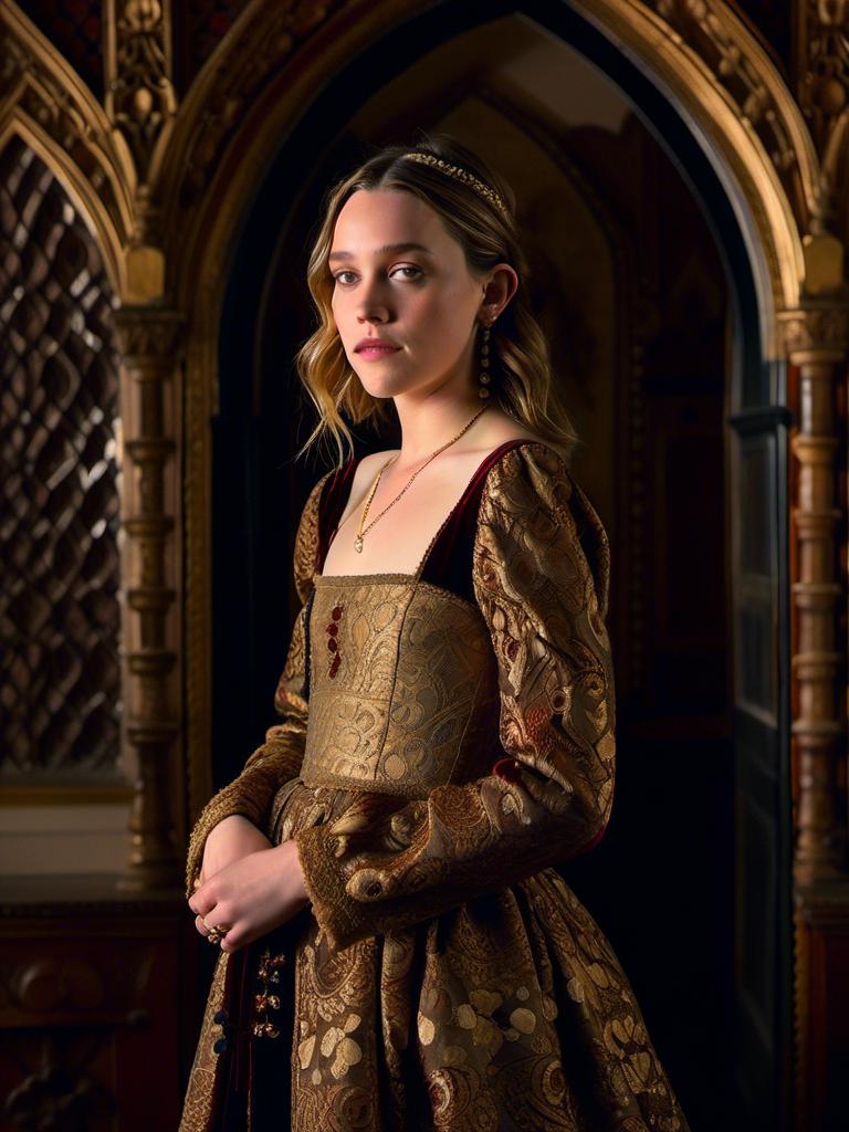 Prompt: <mymodel>Cinematic portrait of Victoria Pedretti in a 1400s gown, detailed facial features, intricate lacework, luxurious velvet fabric, golden embroidery, dramatic lighting, Middle Ages, opulent, detailed gown, high-quality, rich color palette, elaborate background, medieval style, cinematic lighting