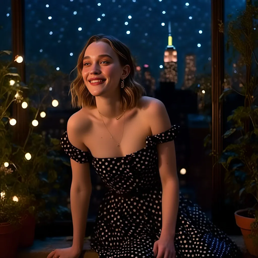 Prompt: <mymodel>Enchanting rooftop garden scene, (((realistic starry sky background))), with 1950s inspired fashion, odango buns, black Converse, night time, expression of smiling wonder. professional, atmospheric lighting, highres, detailed, vintage, whimsical, rooftop garden overlooking New York City, enchanting gaze, ((polka dot 1950s TARDIS dress)), crinolines, black Converse sneakers on her feet, detailed hair, nature-inspired, nostalgic, enchanting expression, high-quality, vintage fashion, whimsical atmosphere