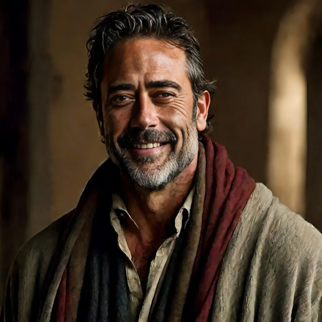 Prompt: <mymodel>A photograph of actor Jeffrey Dean Morgan in medieval noble clothing, handsome, charming, smiling, detailed facial features, realistic textures, high quality, photorealism, medieval setting, professional lighting, intricate details, beautiful art