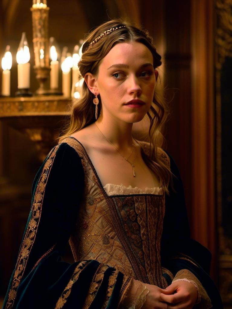 Prompt: <mymodel>Cinematic portrait of Victoria Pedretti in a 1400s gown, detailed facial features, intricate lacework, luxurious velvet fabric, golden embroidery, dramatic lighting, Middle Ages, opulent, detailed gown, high-quality, rich color palette, elaborate background, medieval style, cinematic lighting