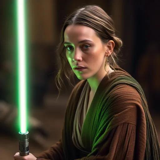 Prompt: <mymodel>Victoria Pedretti as Rey with a straight green lightsaber and brown robes, fighting Darth Revan, realistic digital art, intense expression, high-res, realistic, star wars, detailed features, earthy tones, dramatic lighting