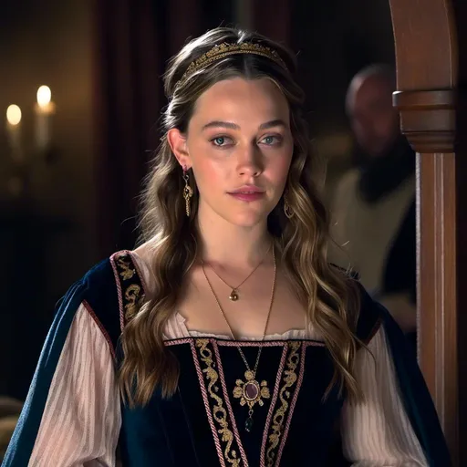 Prompt: <mymodel> Photorealistic depiction of Victoria Pedretti in a medieval gown, detailed facial features, realistic textures, high quality, photorealism, medieval setting, elaborate gown, professional lighting, intricate details, realistic hair