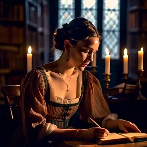 Prompt: <mymodel> photorealistic shot of a woman wearing a (((medieval kirtle))), ((Greek Krebe hairstyle)), (((reading by candlelight))) in an ancient library, eyes lowered to read the book, modelshoot style, (extremely detailed CG unity 8k wallpaper), professional majestic photography, (Nikon Z6 II Mirrorless Camera), 24mm, exposure blend, hdr, faded, extremely intricate, High (Detail:1.1), Sharp focus, dramatic, soft cinematic light, 4k textures, adobe lightroom, photolab, elegant, ((((cinematic look)))), soothing tones, insane details, hyperdetailed, low contrast