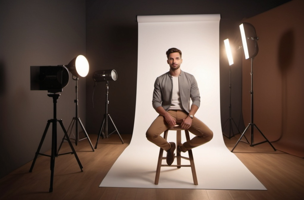 Prompt: presenter sitting on stool in front of white photo paper roll 
