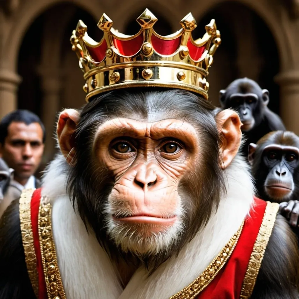Prompt: Imagine a picture in which a king in a full court has a monkey's face.