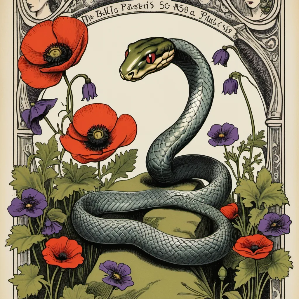 Prompt: A tarot card with a snake, violets and poppies. The card caption is “the rockin’ Bastigi’s”