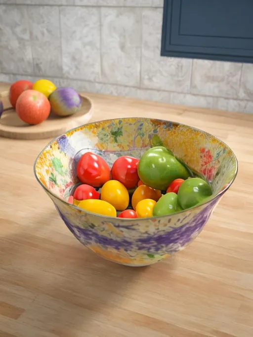 Prompt: close shot of the bowl in the uploaded image in a realistic kitchen with vibrant colour and objects nearby