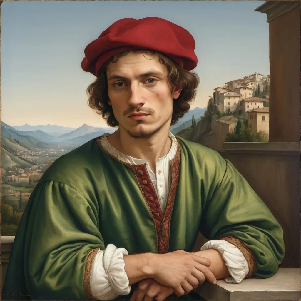 Prompt: A painted portrait of a man waist-up in the style of Italian Renaissance painter Raphael with mountains in the background. A city is also visible in the distance at the base of the mountains. Visable brushwork in the color and canvas texture across the entire image. A slight yellow tint to the image. Slight signs of wear. The man wears traditional Italian clothing, red and green in color as well as a hat. He is fully clothed. He wears a shirt. His expression is neutral. The man faces the right of the painting, eyes forward to the viewer. Done in the style of Italian renaissance painter Raphael. The image has the same composition as Raphael’s portrait of Agnolo in the Italian Renaissance. The techniques used in this painting are egg tempera, oil paints, hybrid mixtures of egg and oil, glue tempera on canvas (known as distemper), and buon fresco techniques. Italian realism and abstraction of the human form in the Italian renaissance style. The man has one arm resting on the banister behind him, the other rests on his lap. The tips of the hands touch. Naturalist abstraction of the man


